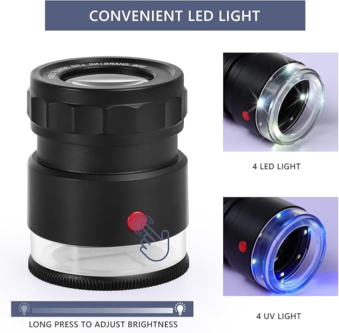Amoper 30X Loupe Magnifier, USB Rechargeable 8 Lights Portable Eye Loupe Sewing Magnifying Glass for Watches, Jewelry, Coins, Currency, Stamps