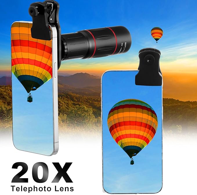 Phone Camera Lens Kit 21 in 1 with Universal 18x Telephoto Lens with Tripod 0.63x Wide Angle 15x Macro 198° Fisheye 2X Telephoto Cpl Compatible with Most Smartphone