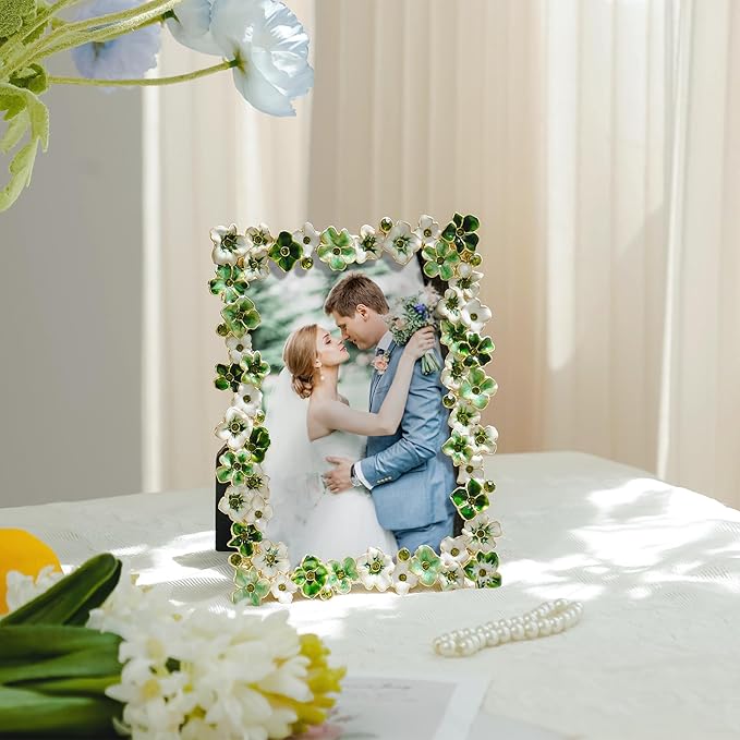 Green Flower Picture Frame 4x6 Blossom Photo Frame for Tabletop Display, Decorative Flower Design Home Decor