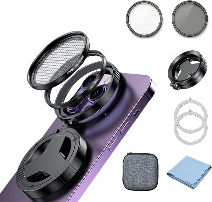 Anti-Glare Magnetic Phone Filter, Foldable Portable Anti Glare Phone Camera Lens, Professional 52mm CPL Polarizing Filter, Quick Mount, Reduce Reflections, Enhance Colors (Set with Starry Filter)