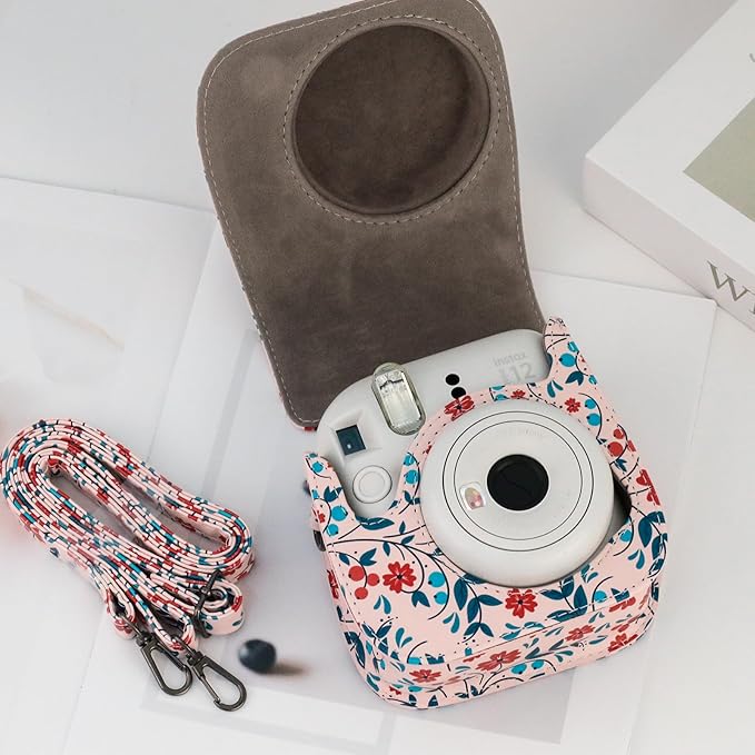 Frankmate Protective Case Fit for Fujifilm Instax Mini 12 11 9 8 Camera, PU Leather Camera Bag with Pocket and Adjustable Shoulder Strap (Red Flowers)