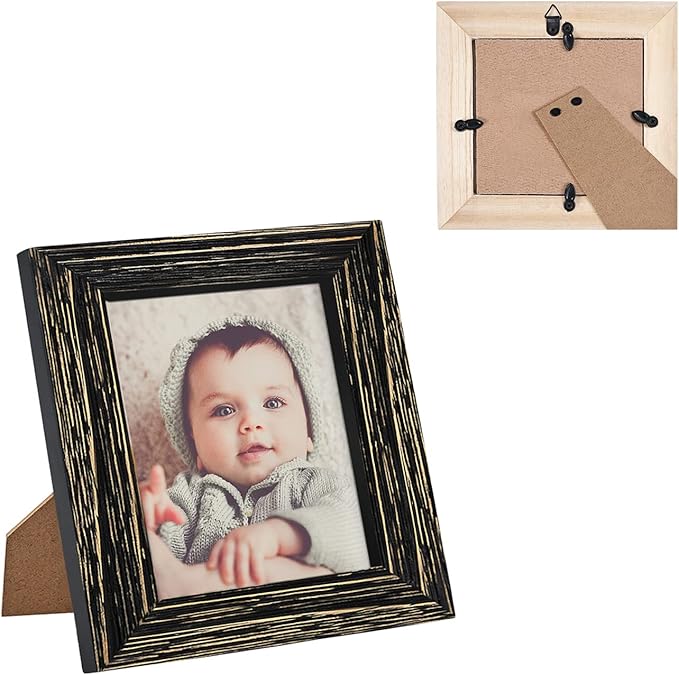 4 x 4 Picture Frames Square Wood Black Distressed Simple Striped Border Designed Wooden Photo Frame with HD Glass for Tabletop Display Wall Mount Wedding Baby Family Farmhouse Collage Home Office Decor