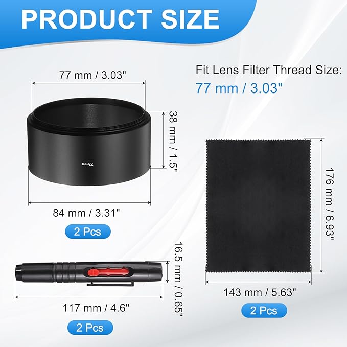 PATIKIL 2 Pcs Lens Hood Shade, 77mm Long-Focus Mount Standard Screw-in Metal Camera Cap Shade with Cleaning Cloth and Cleaning Pen, Black