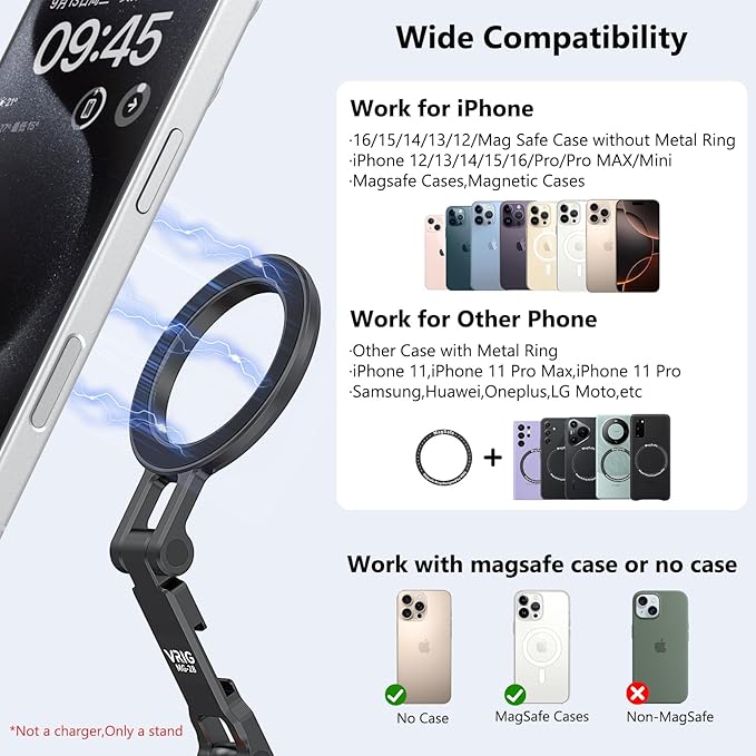 VRIG Magnetic Phone Tripod Mount for Magsafe, Aluminum iPhone Tripod Mount Adapter with 1/4” Screw, 360° Cold Shoe Phone Holder for Camera, Compatible with iPhone 16/15/14/13/12 Series