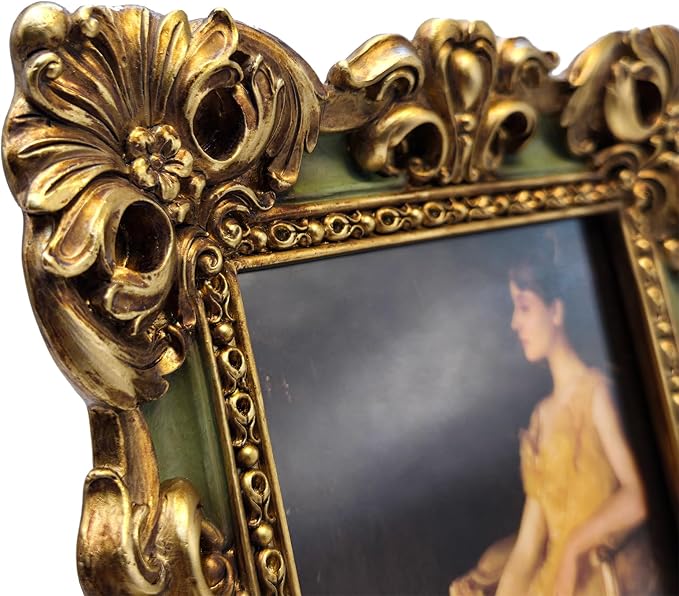 CISOO 4x4 Vintage Small Picture Frame, Antique Ornate Green and Gold Square Photo Frame, for Table Top and Wall Display, Decorative Floral Design Retro Home Decor, Photo Gallery Art