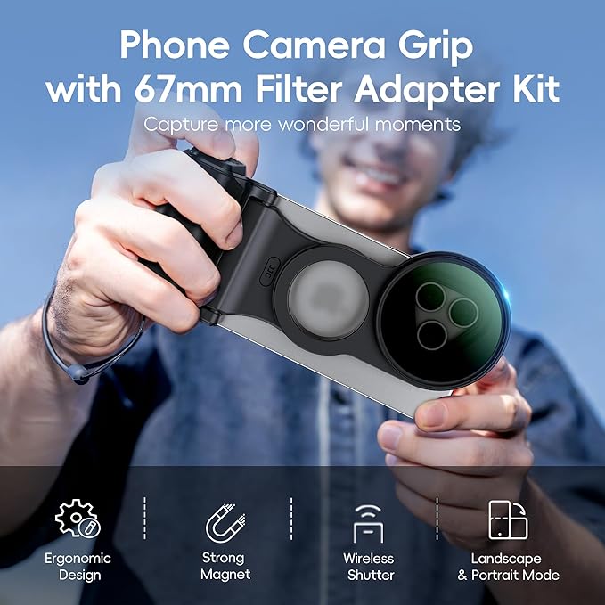 JJC 67mm Magnetic Filter Adapter with Phone Camera Grip Kit, Compatible with iPhone 16 Pro Max 15 Pro Max 14 Pro Max, with Remote Control & 1/4” Tripod Screw for Vlogging Video Recording Filmmaking