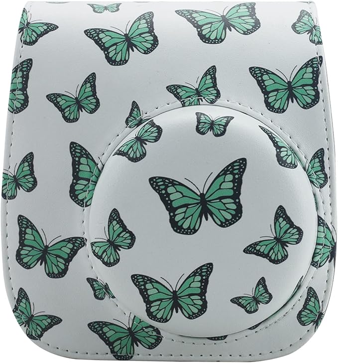 Frankmate Protective Case Compatible with Instax Mini 12 11 9 8 Instant Film Camera with Pocket and Adjustable Strap (Green Butterfly)
