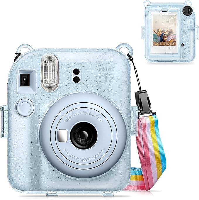 Fintie Protective Clear Case for Fujifilm Instax Mini 12 Instant Camera - Crystal Hard Shell Cover with Upgraded Film Pocket for Storing Photos & Removable Shoulder Strap