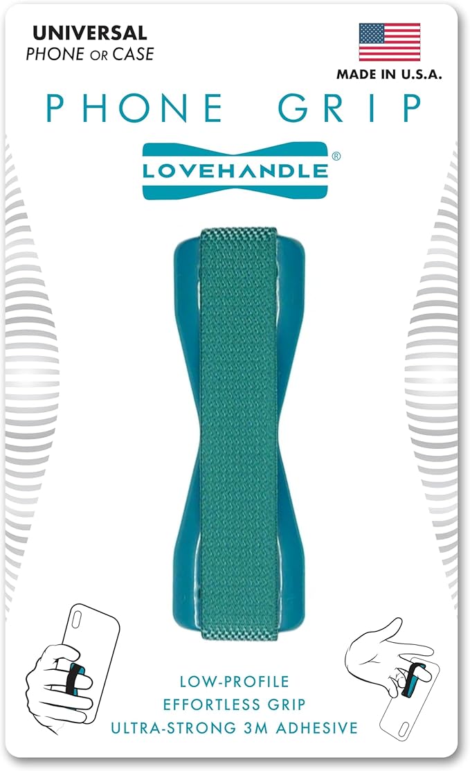LOVEHANDLE Universal Phone Grip for Smartphones & Mini Tablets - Phone Holder for Hand - Wireless Charging Compatible - Made in The USA - Teal