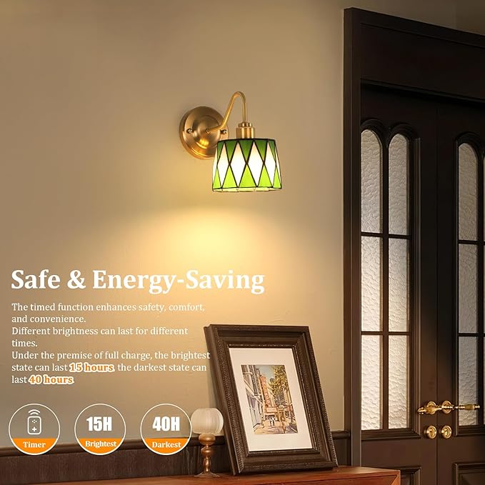 Vintage Battery Operated Wall Sconce with Remote, Rechargeable LED Wall Lamp 3 Colors Dimmable, Gold Wall Lights Fixture for Bedroom Bathroom Living Room Hallway Green Checker