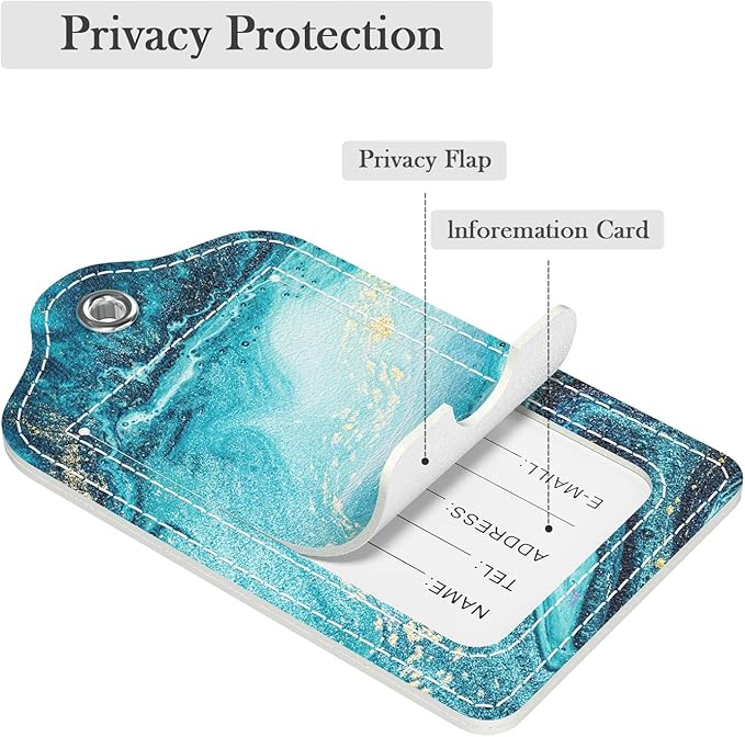 Luggage Tags for Suitcase, 2 Pack PU Leather Travel Cruise Luggage Tag with Privacy Flap, Name ID Label and Metal Loop for Women Men Girls Suitcase Baggage Bag Backpack Instrument, Teal Marble
