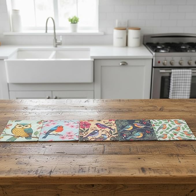 8-Pack Ultra-Fine Microfiber Kitchen Towels, 7-Inch Square with 8 Clips & Multiple Patterns – Soft, Absorbent, Reusable Cleaning Cloths (Birds)