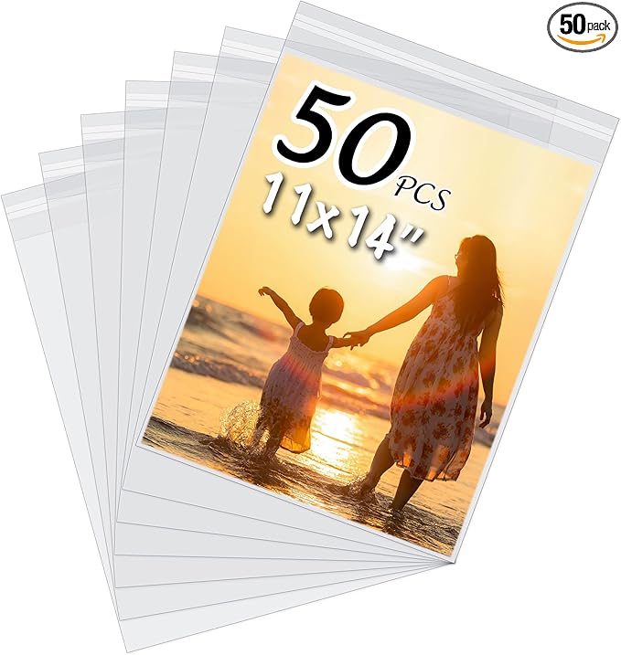 50 Pack Acid-Free Crystal Clear Sleeves Storage Bags for 11x14 Art Prints/Pictures/Photos/Framing Mat Mattes (Bag Size: 11 3/7"x14 3/8")
