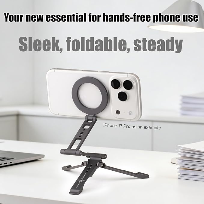 Ultra-Compact Magnetic Tripod Stand: Aluminum Phone Mount for iPhone 17/16/15/14/13/12 Pro Max, Adjustable Cellphone Holder with 1/4” Screw & Travel Hook (Grey)