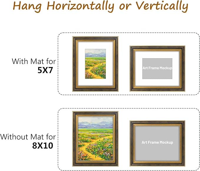 Golden State Art,8x10 Ornate Picture Frame for 5x7 Photo with Mat or 8 x 10 Prints without Mat, Real Glass Wall & Tabletop Display Horizontally or Vertically (Color:Black Gold)