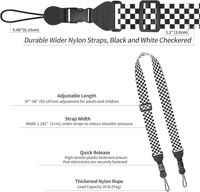 Nylon iPad Strap, Adjustable Camera Neck Strap, Comfortable Shoulder Strap for iPad, Cellphone Tablet, Camera, Laptop, Binocular, Luggage Bag (Black and White Checkered Universal Neck Lanyard)