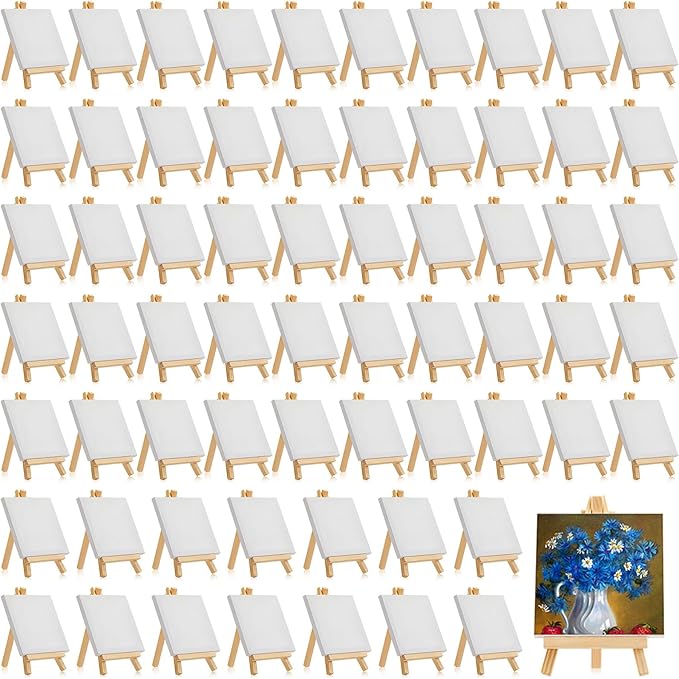 Mimorou 64 Pack 4 x 4 Inch Mini Canvases with Easel Sets for Painting Small Art Stretched Canvases Panels Pack for Kids Classroom Crafts Valentine's Day Painting Gift Easter Crafts