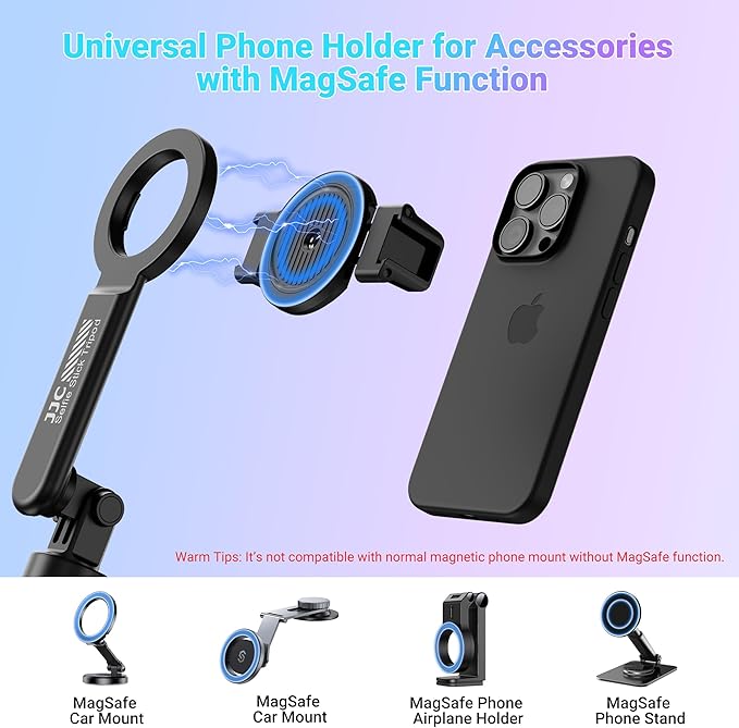 JJC Phone Clamp Holder for Magnetic Car Mount Tripod Stand with MagSafe Function, Gym Magnetic Phone Clip for Metal Surface with 2 Cold Shoes & 1/4" Screw for iPhone Samsung Galaxy Google Pixel-Black