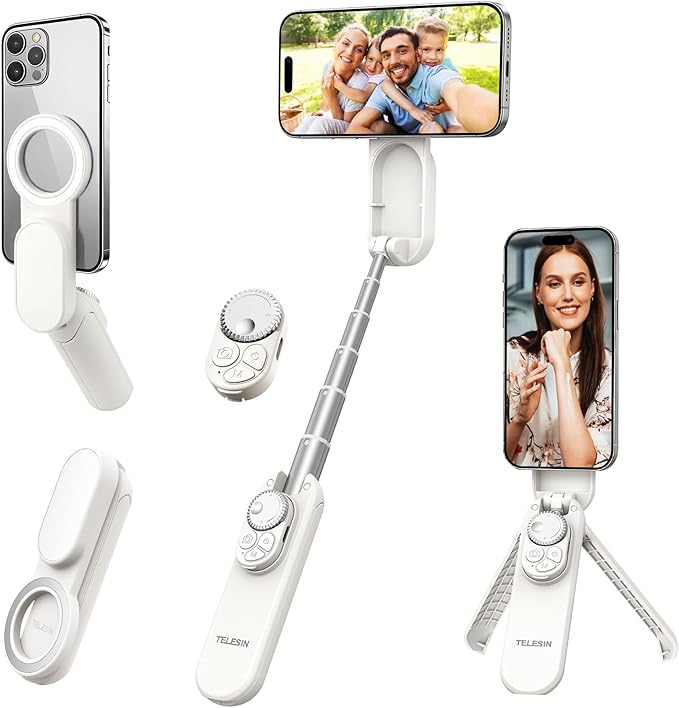 Multifunctional Magnetic Selfie Stick Tripod, 360° Rotation Portable Extendable Phone Stand for Video Recording & Vlog, Pocket Size for iPhone Android Smartphones (White)