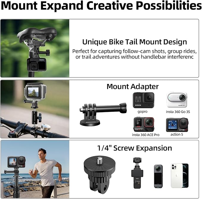 EMART Motorcycle Camera Mount Kit, Bicycle Handlebar Clamp Mount for Invisible Selfie Stick, Features Bike Seat Rail Clamp & Super Clamps - Compatible with Insta 360, gopro, DJI Nano Action Cameras