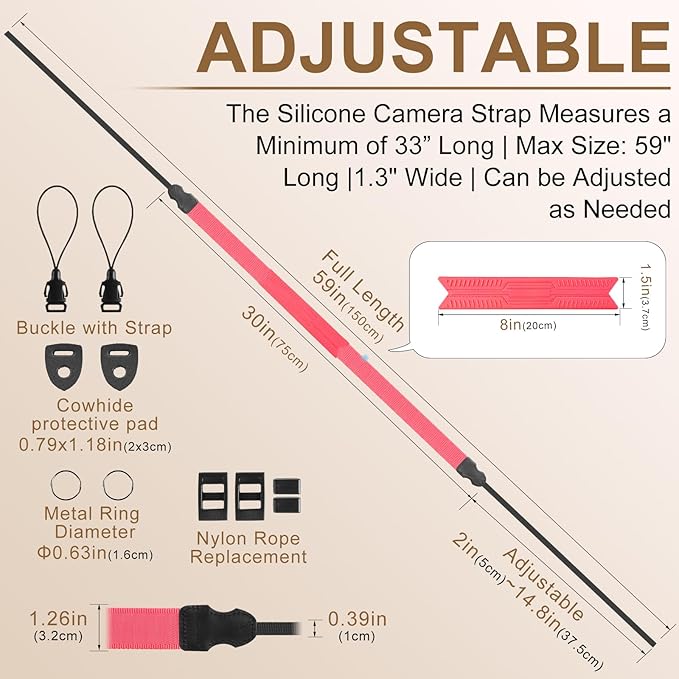Neck Strap Silicone Camera Straps - Padded Camera Strap, 1.5" Wide Adjustable Nylon Shoulder Strap - Compatible with Canon, Nikon, Sony, and More DSLR and Mirrorless Cameras (Fuchsia)