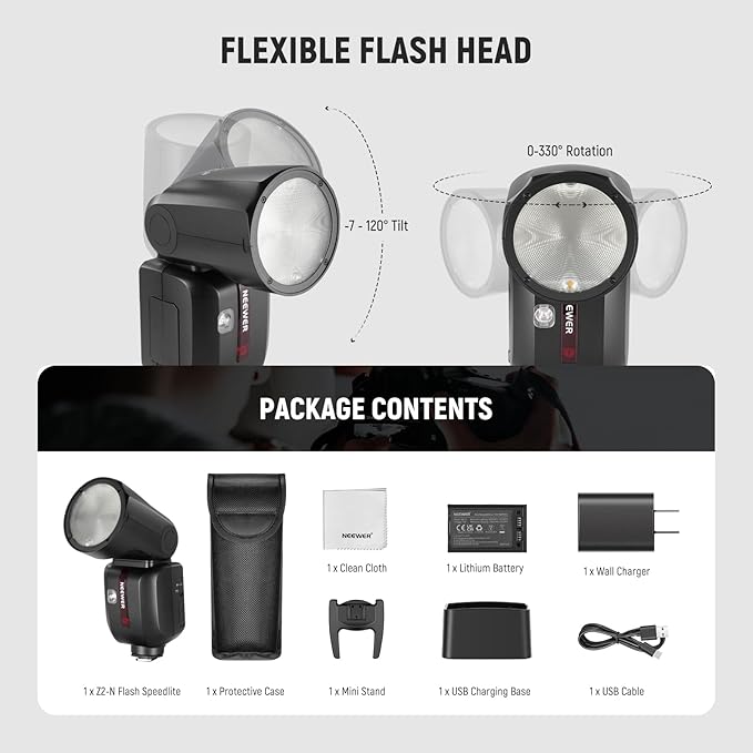 NEEWER Z2-N 2.4G TTL Round Head Flash Speedlite Compatible with Nikon, 76Ws Speedlight with Upgraded UI, Modeling Lamps, TTL/M Quick TCM Switch, 1/8000s HSS, 2600mAh Battery, Cleaning Cloth