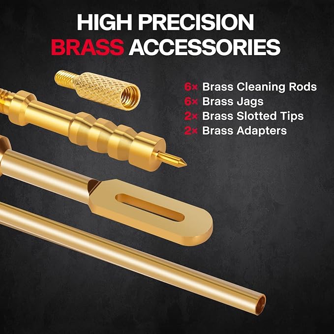 Universal Gun Cleaning Kit, Rifle Cleaning Set with Reinforced Brass Rods, Brass Jags and Slotted Tips