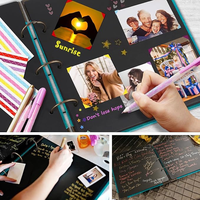 Photo Album DIY Scrapbook, 10x10 inch 50 Pages Vintage Leather Cover Three-Ring Binder Picture Booth Albums + 9 Colors 408pcs Self Adhesive Photos Corners for Memory Keep (Family Tree, Cyan)