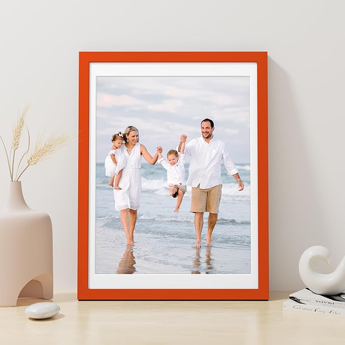 Vittanly 12x16 Picture Frame, Made of Solid Wood and Shatterproof Plexiglass, Display Pictures 11x14 with Mat or 12x16 without Mat, Wooden Photo Frame for Wall Mounting, Orange, 1 Pack