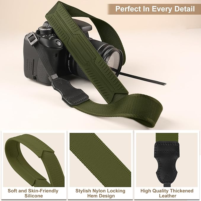 Neck Strap Silicone Camera Straps - Padded Camera Strap, 1.5" Wide Adjustable Nylon Shoulder Strap - Compatible with Canon, Nikon, Sony, and More DSLR and Mirrorless (Army Green)
