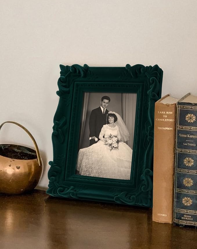 4x6 Picture Frame for Portraits Wedding Photos, Small Retro Decorative Frame with Stand for Table Shelf Desk Decor, Unique Gift for Housewarming Birthday (Dark Green)