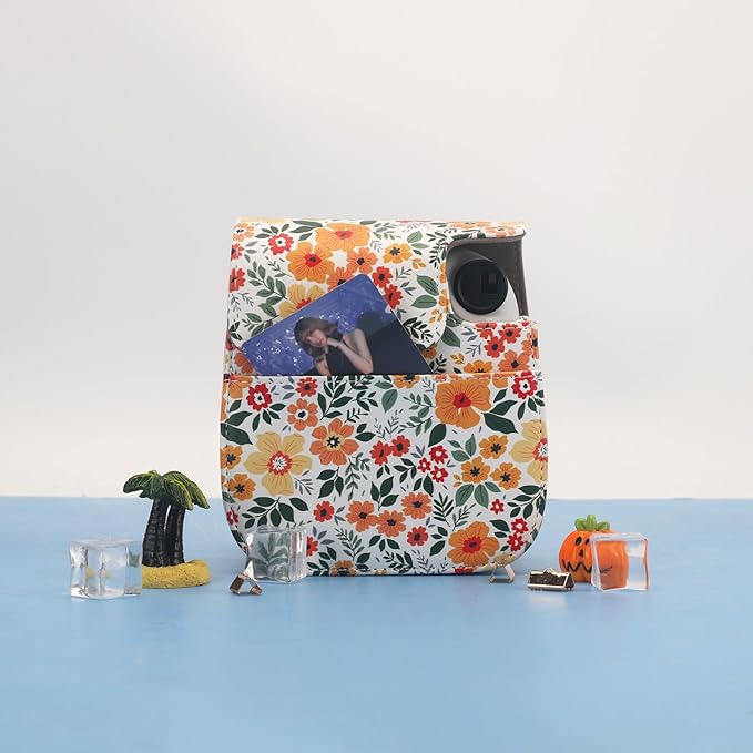 Frankmate Protective Case Fit for Fujifilm Instax Mini 12 11 9 8 Camera, PU Leather Camera Bag with Pocket and Adjustable Shoulder Strap (Yellow Flower)