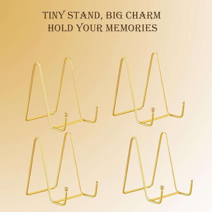 LXFNDZW 4 Pack Gold Mini Display Easels, Frame Holder Stands Versatile Welcome Sign & Photo Stand for Tabletop Decor, Plates, and Artistic Work