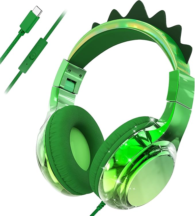 QearFun Kids Unicorn Headphones with USB C for Girls with Microphone, 85/94dB Safe Volume Limiter, Tangle-Free Cord, Share Port, Foldable Sparkly Wired Headset for School, Travel, Tablet, iPad