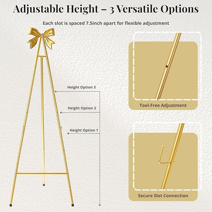 53”H Metal Gold Easel Stand for Sign, Large Adjustable Display Standing with Butterfly Bow Top for Wedding Displaying Pictures Poster Holder Showcasing