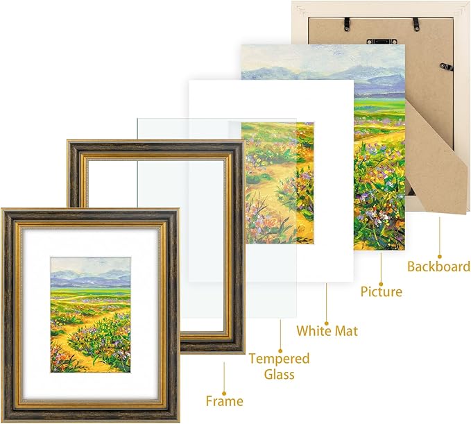 Golden State Art,8x10 Ornate Picture Frame for 5x7 Photo with Mat or 8 x 10 Prints without Mat, Real Glass Wall & Tabletop Display Horizontally or Vertically (Color:Black Gold)