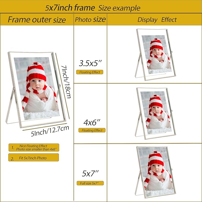 Silver 5x7'' Floating Frame Set of 2, For Photo Sizes (2x3'', 3.5x5'' 4x 6'' up to 5x7'' ), Beautiful Metal Lace Edge Frames Adjustable Tabletop/Shelf Photo Frame, Classy Gift Choice for Wedding,