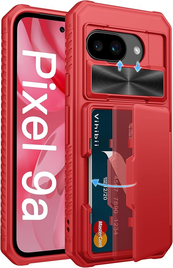 Vihibii for Google Pixel 9a Case with Card Holder (4 Cards), [RFID Blocking] & Slide Camera Cover, Military Grade Drop Protection, Heavy Duty Shockproof Wallet Cover for Google Pixel 9a 2025, Red