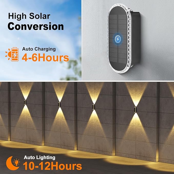 Ellasay Solar Fence Lightsv Backyark: 12-Pack Fence Lights Solar Powered 3 Color Modes - Up & Down LED Waterproof Solar Wall Lights for Outdoor Yard/Porch/Patio/Railing