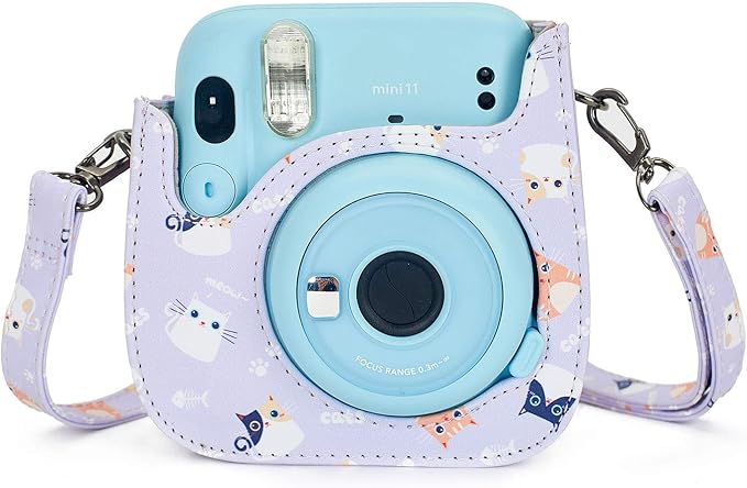 Phetium Instant mini 12 Camera Protective Case Compatible with Instax Mini 12 11,PU Leather Bag with Pocket and Adjustable Shoulder Strap (Purple Cat)