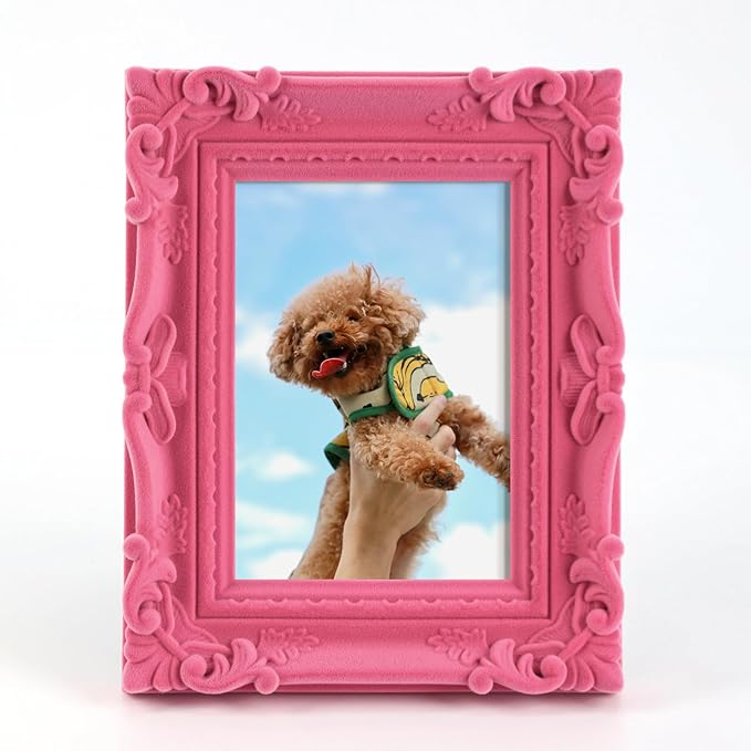 4x6 Pink Picture Frame for Drwaings Prints, Small Colorful Decorative Frame with Real Glass/Stand, Retro Ornate Memorial Frame Gift for Wedding Baby Shower Retirement (Pink)