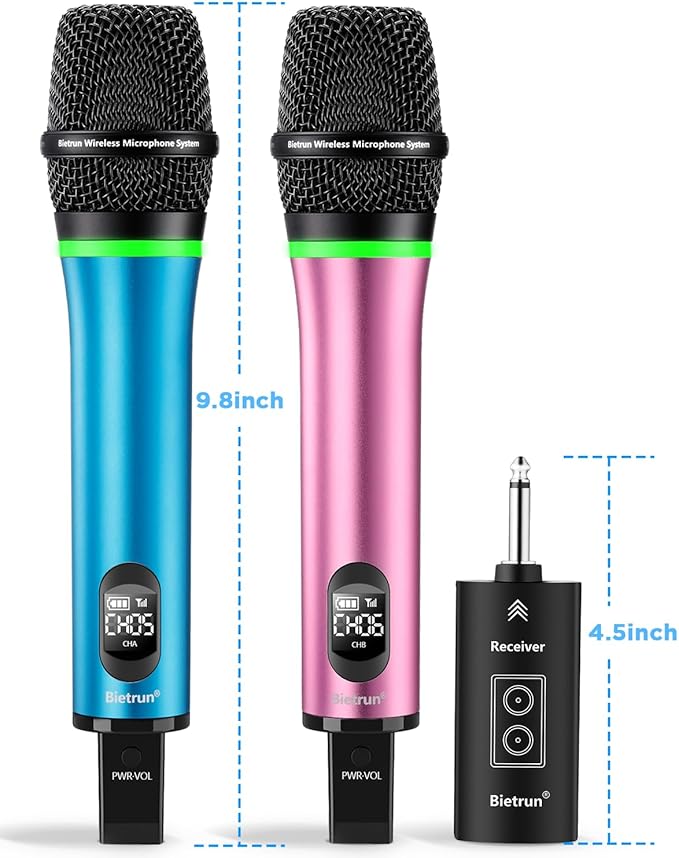 Bietrun Rechargeable Wireless Microphone, Dual Metal Cordless Handheld Dynamic Wireless Mics with Bluetooth, UHF 240FT Range, for 1/4'',1/8''Output,PA System,Dj,Mixer,Church(Blue＆Pink)