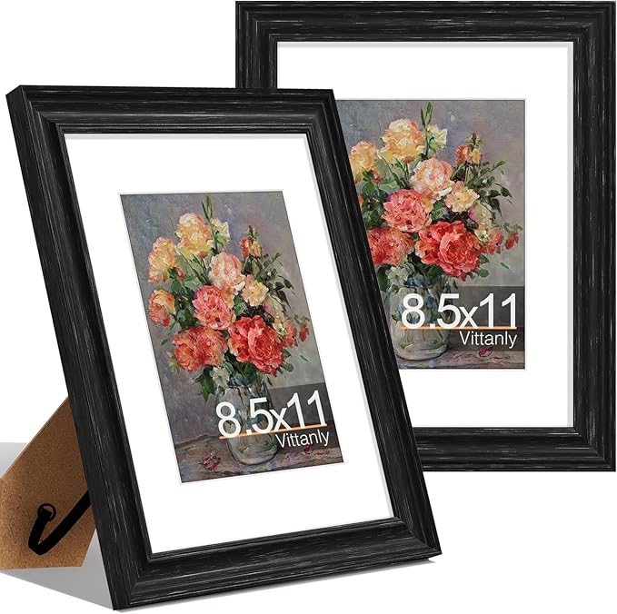 Vittanly 8.5x11 Picture Frames Set of 2, Ornate Vintage Photo Frame for Wall or Tabletop, Display 6x8 Pictures with Mat or 8.5x11 without Mat, Distressed Black