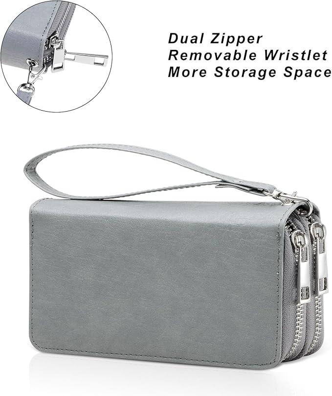 Cellphone Wallet for Women Dual Zipper Long Purse with Removable Wristlet