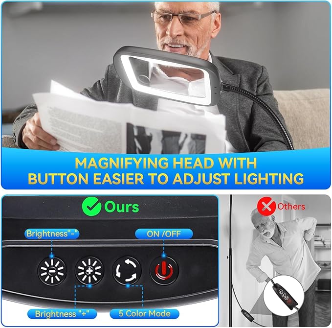30X 10X Extra Large Floor Magnifying Glass with Light and Stand,60 LED Flexible Gooseneck Floor Magnifying Lamp with 5 Color Modes, 2-in-1 Lighted Magnifiers for Close Work, Sewing,Crafts, Painting