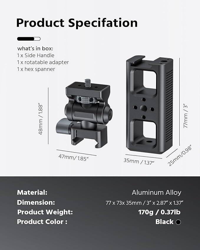77mm/3.03" Mini Multi Functional Rotatable Side Handle with NATO Clamp for Pocket 3 Cage, Phone Cages Rigs – Perfect for Live Streaming and Video Shooting
