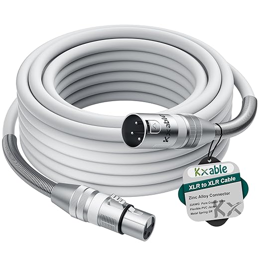 XLR Microphone Cable 25 FT, XLR Male to Female Balanced Mic Cable, 3-Pin Shielded Speaker Cord, Zinc Alloy Connectors, 22AWG Pure Copper, Metal Spring SR, Recording Studio, Podcast, White