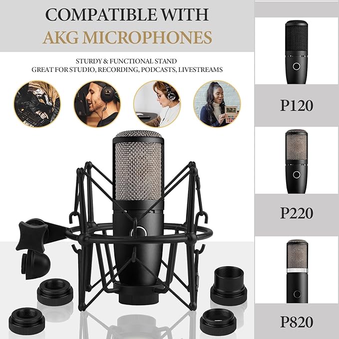 Geekria for Creators Microphone Shock Mount Compatible with AKG P120, P220, P820, Mic Anti-Vibration Suspension Adapter Clamp Mic Holder Clip (Black/Metal)