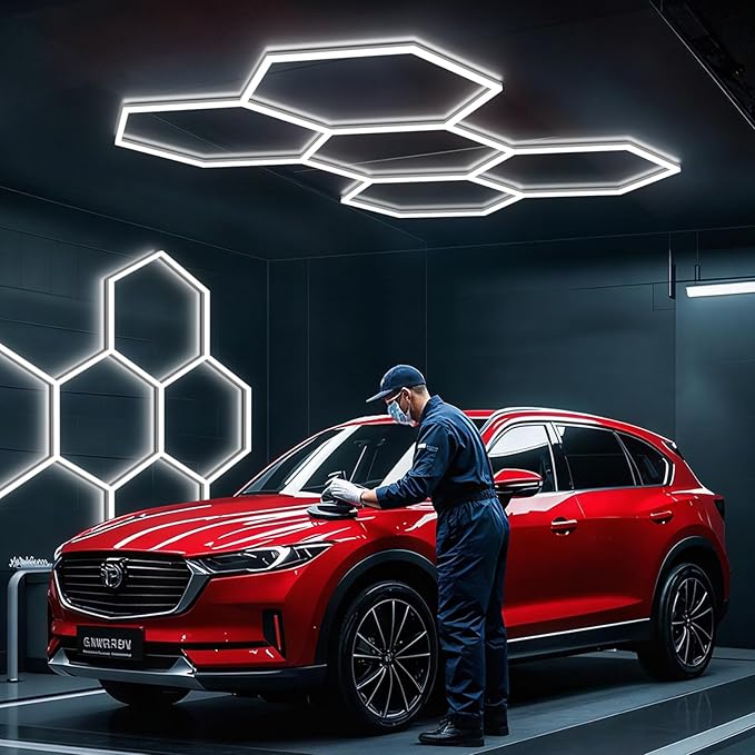 BRILLIHOOD Hexagon Garage Lights, 10-100% Dimmable LED Honeycomb Lights, 23040LM, 6500K Super Bright, 5 Grid Systems Car Detailing Lighting for Warehouse Workshop Basement Gym