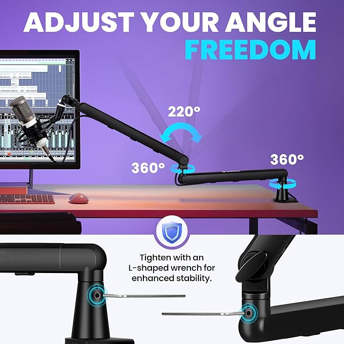 CAHAYA Mic Stand Boom Arm - Low Profile Adjustable Microphone Arm Stand with 3.5" Extension Pole Desk Clamp Screw Adapter for Streaming Gaming Compatible with Blue Yeti Shure SM58 SM48 Fifine K669B